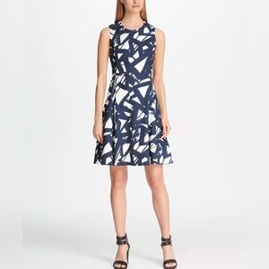 👗 DKNY Graphic Print Fit & Flare Dress | Size 16 | Navy & White | EUC